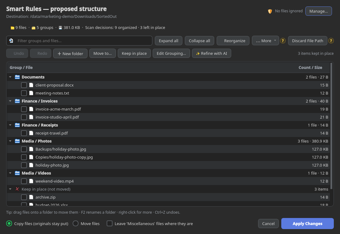 Actual SortOut Smart Rules preview with a proposed folder tree, file counts, keep-in-place items and copy or move controls.