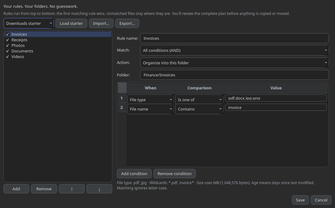 Actual Smart Rules editor showing invoice conditions, rule priority, starter presets and a destination folder.